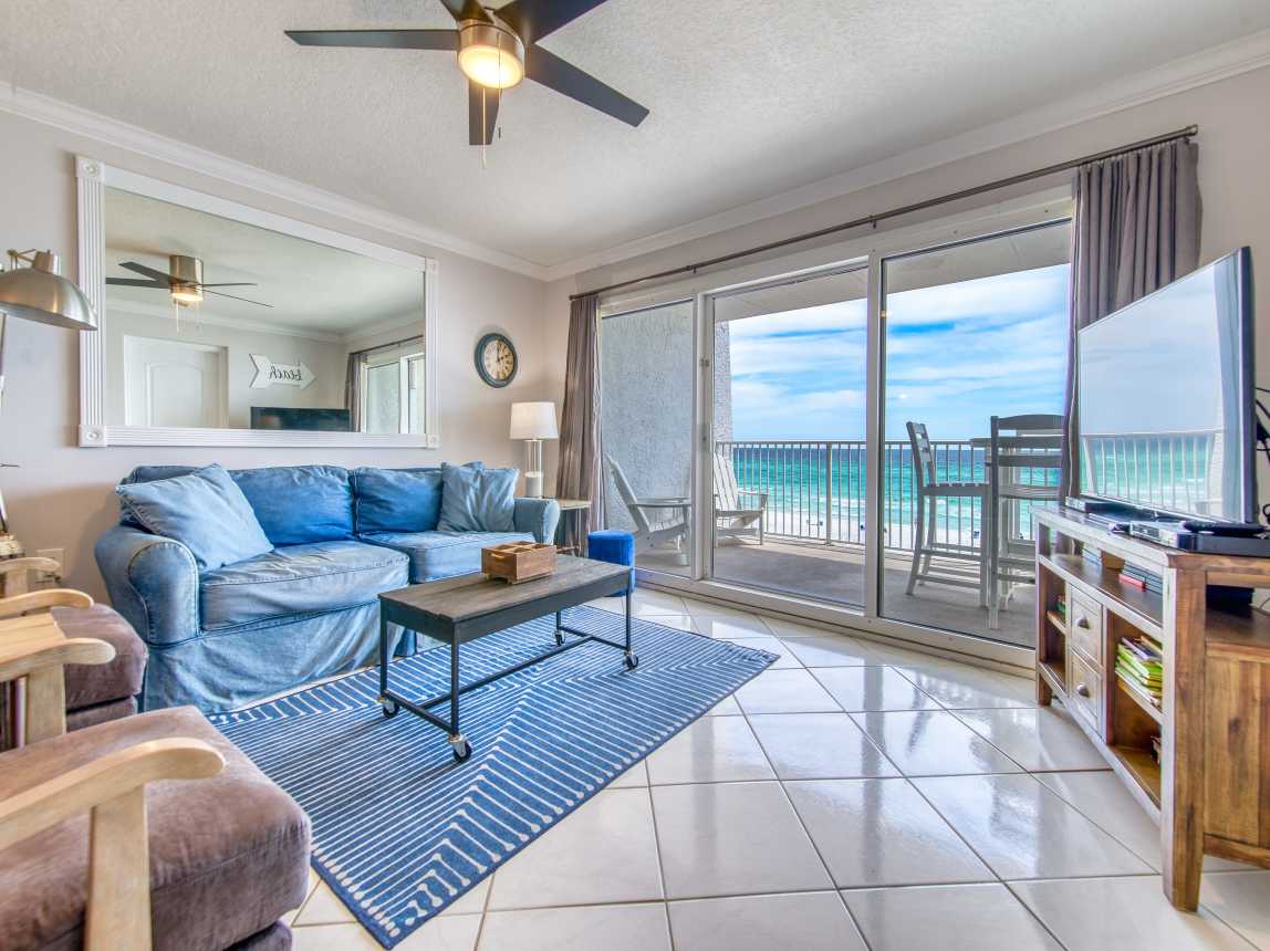 Relax in the comfy living area with stunning Gulf views!