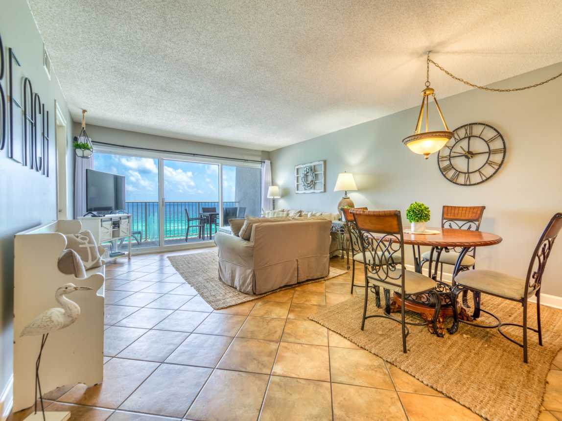 Relax in the comfy living area with stunning Gulf views!