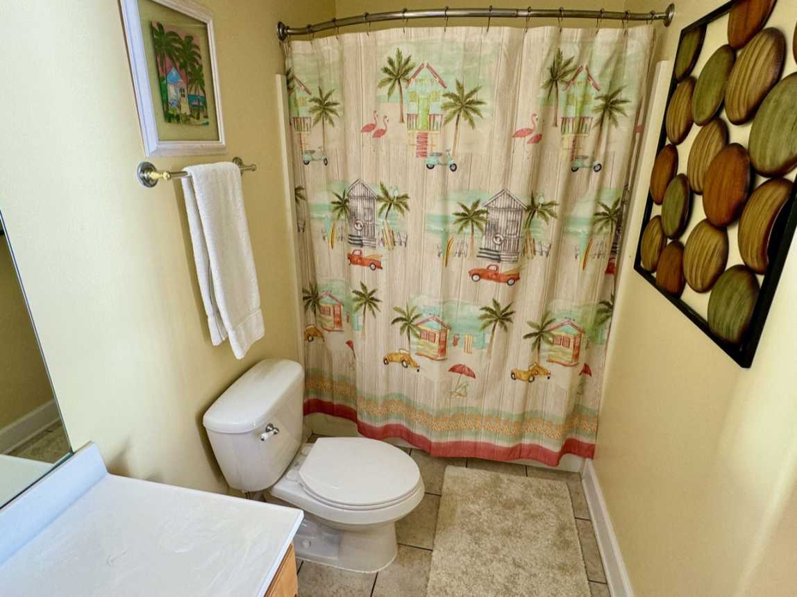 Primary bathroom, curved shower rod.