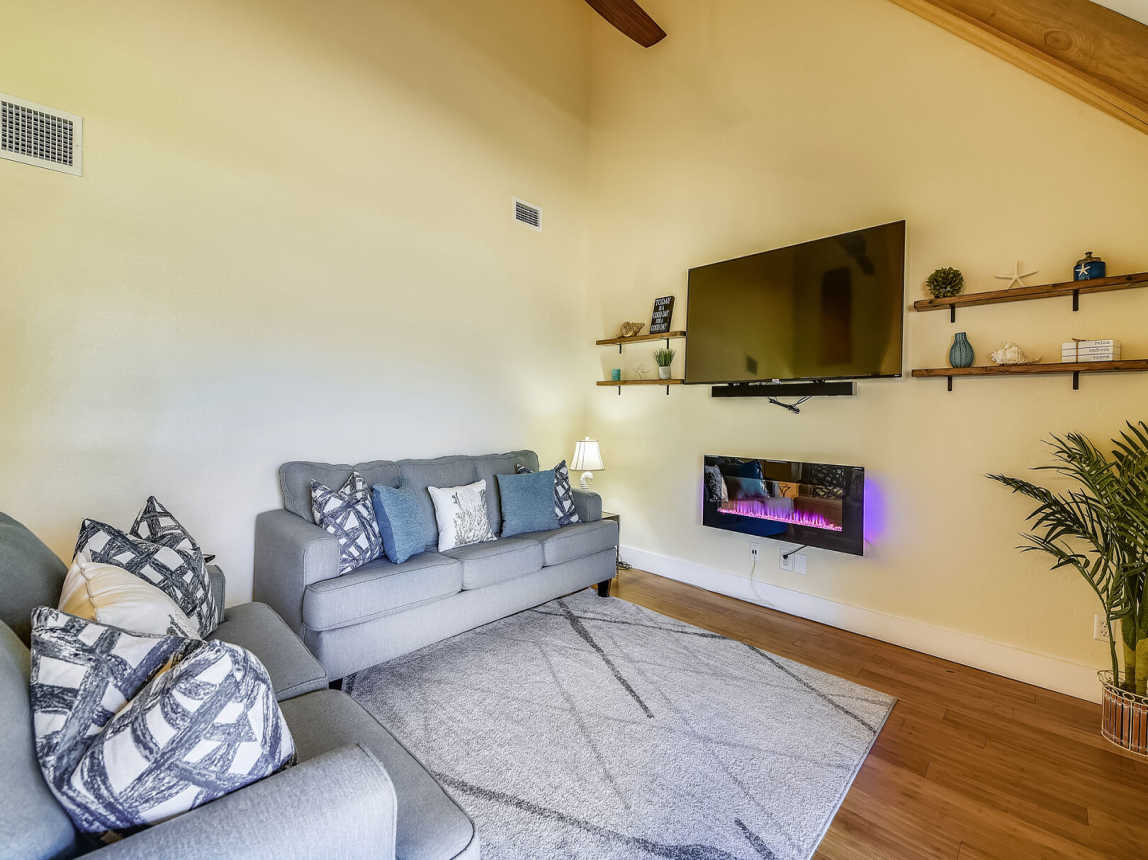 Living room has electric fireplace and large TV