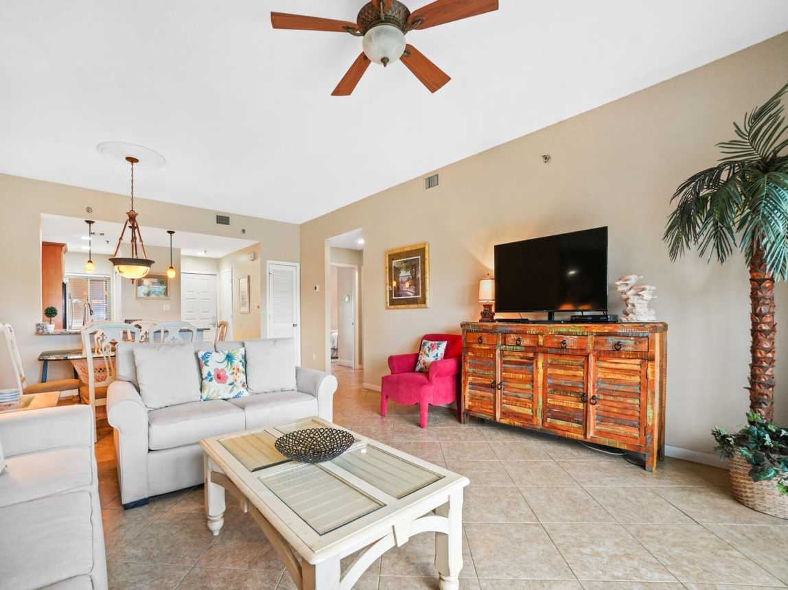 Large smart TV available in the living room for easy viewing for kitchen, and dining room.