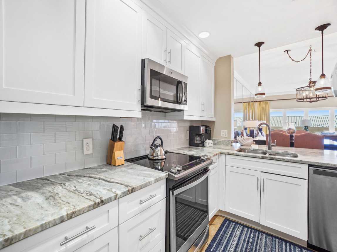 Full size microwave - oven - coffee pot, blender, toaster, dinnerware, cookware. Just about anything you would need to make a simple or gourmet meal.