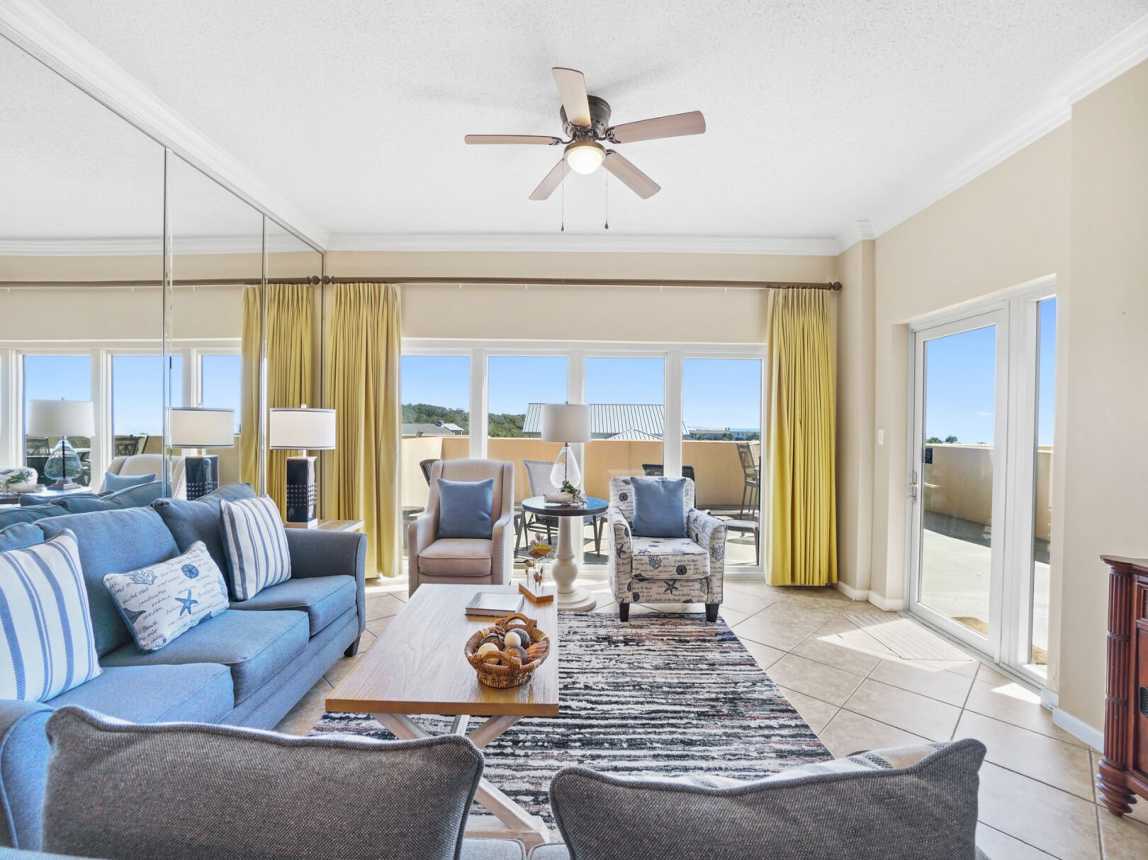 Sofa, love seat and 2 club chairs make for comfortable lounging and watching tv of just have great conversation.