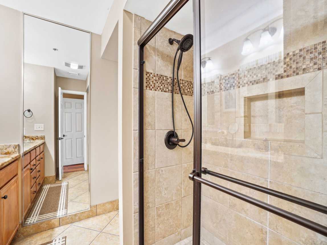 The Master Suite provides you with a large tiled step in shower with full shower head and a convenient shower shelf for your shower essentials.
It also comes with a few bath amenities to get you started.