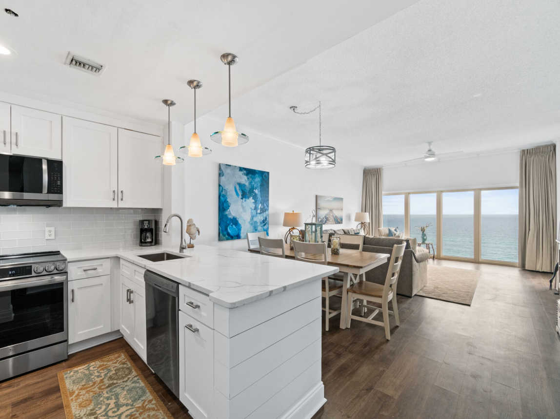 The Kitchen has all stainless steel appliances, coffee pot, toaster, blender, dinnerware, drinkware, silverware, & bakeware. You name it, it's there.