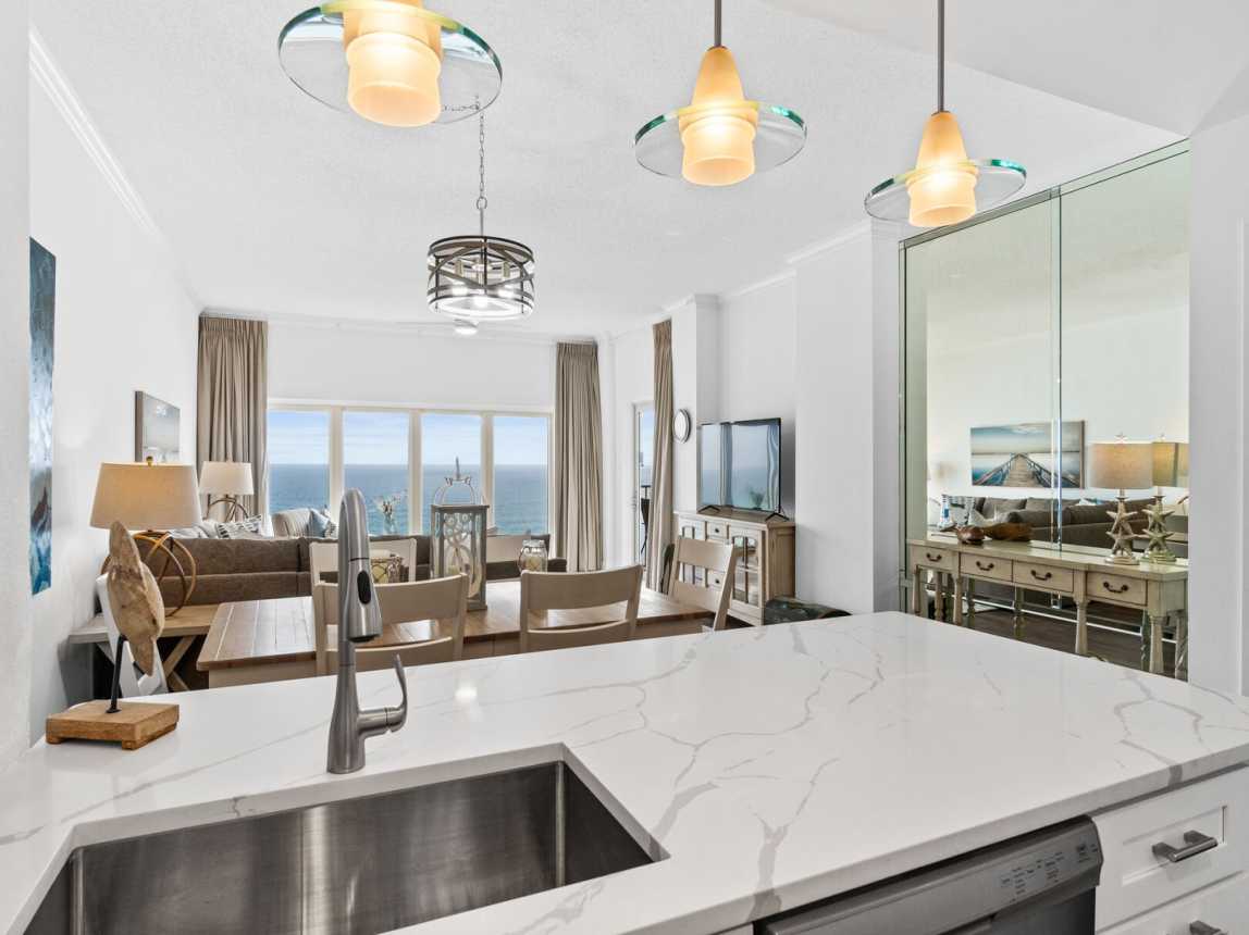 Kitchen looking over dining room and living room. What beautiful views.