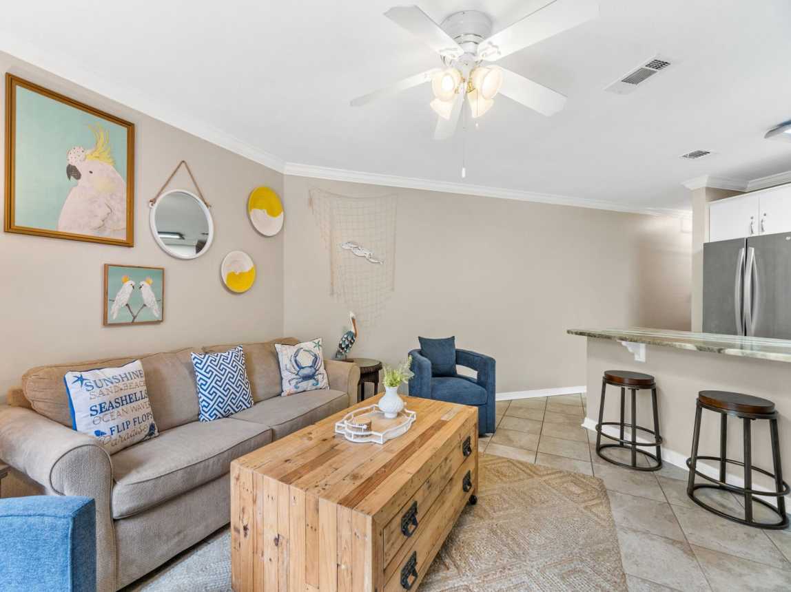 Open living room and kitchen for easy conversations and family time.  Full size sofa bed comes with it's own bedding and pillow.