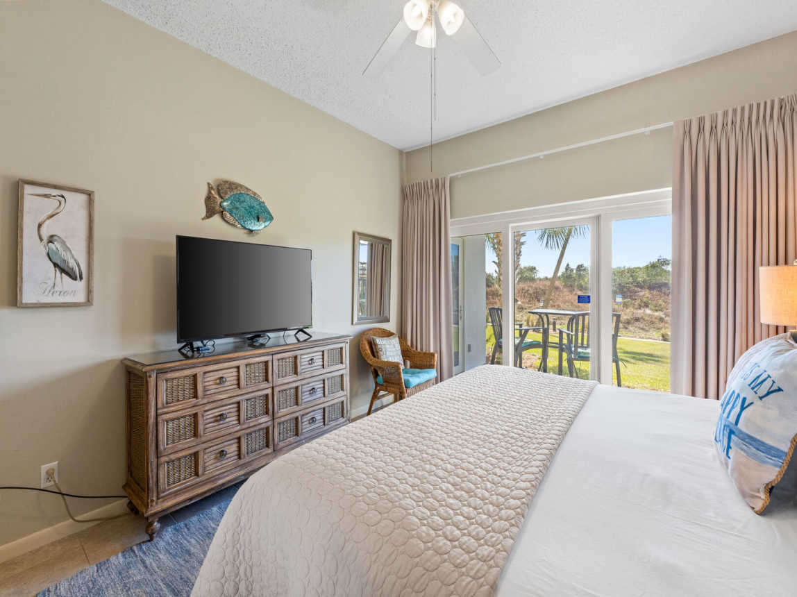 The Master provides a beautiful view of the gardens with easy access to your private patio. Enjoy the big screen TV with cable and you also have free WIFI access.