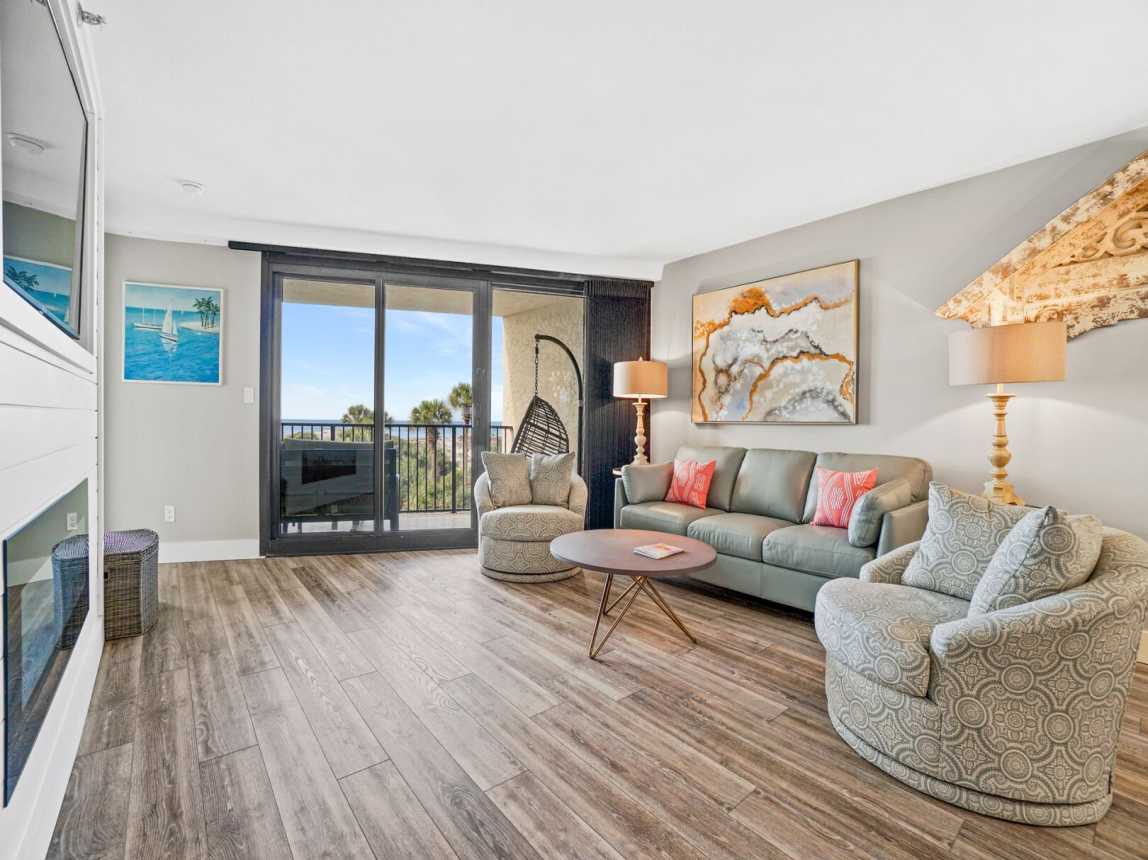 Tastefully decorated living room with plenty of room to chill anytime of day. Large balcony with plenty of seating.