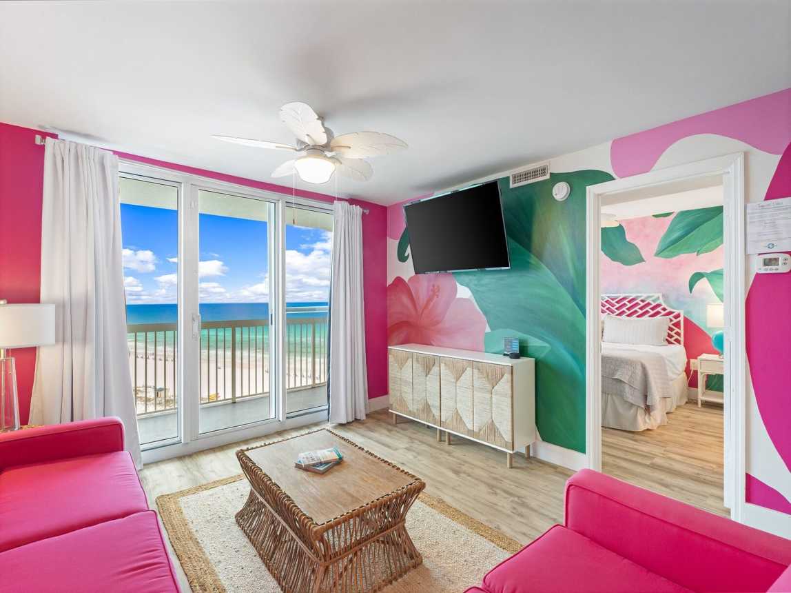 Living room offers a large flat screen TV w/cable along with that fabulous view. Master bedroom just off living room.