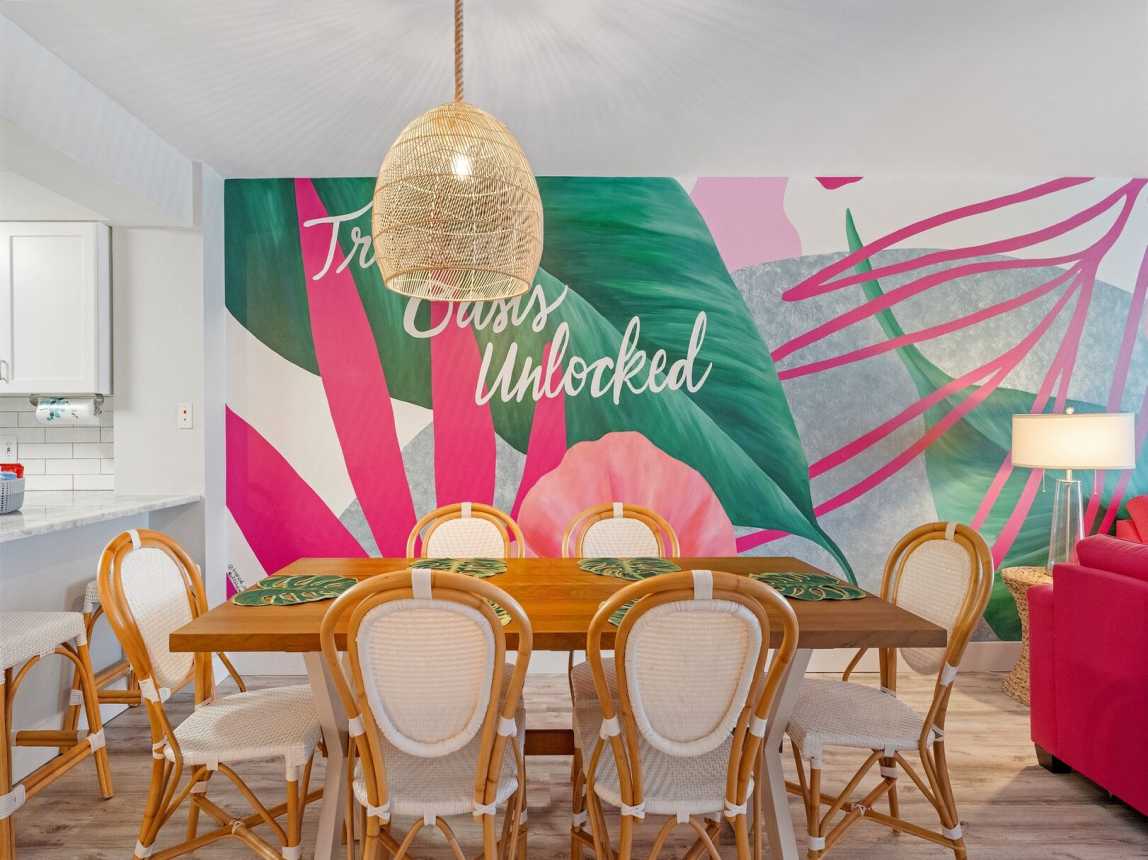 Comfortable seating for a family of 6 with 3 bar stools for additional guest.