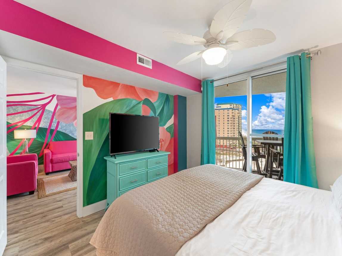 Master provides a 6 drawer dresser, flat screen tv and private entry to the 9th floor balcony.