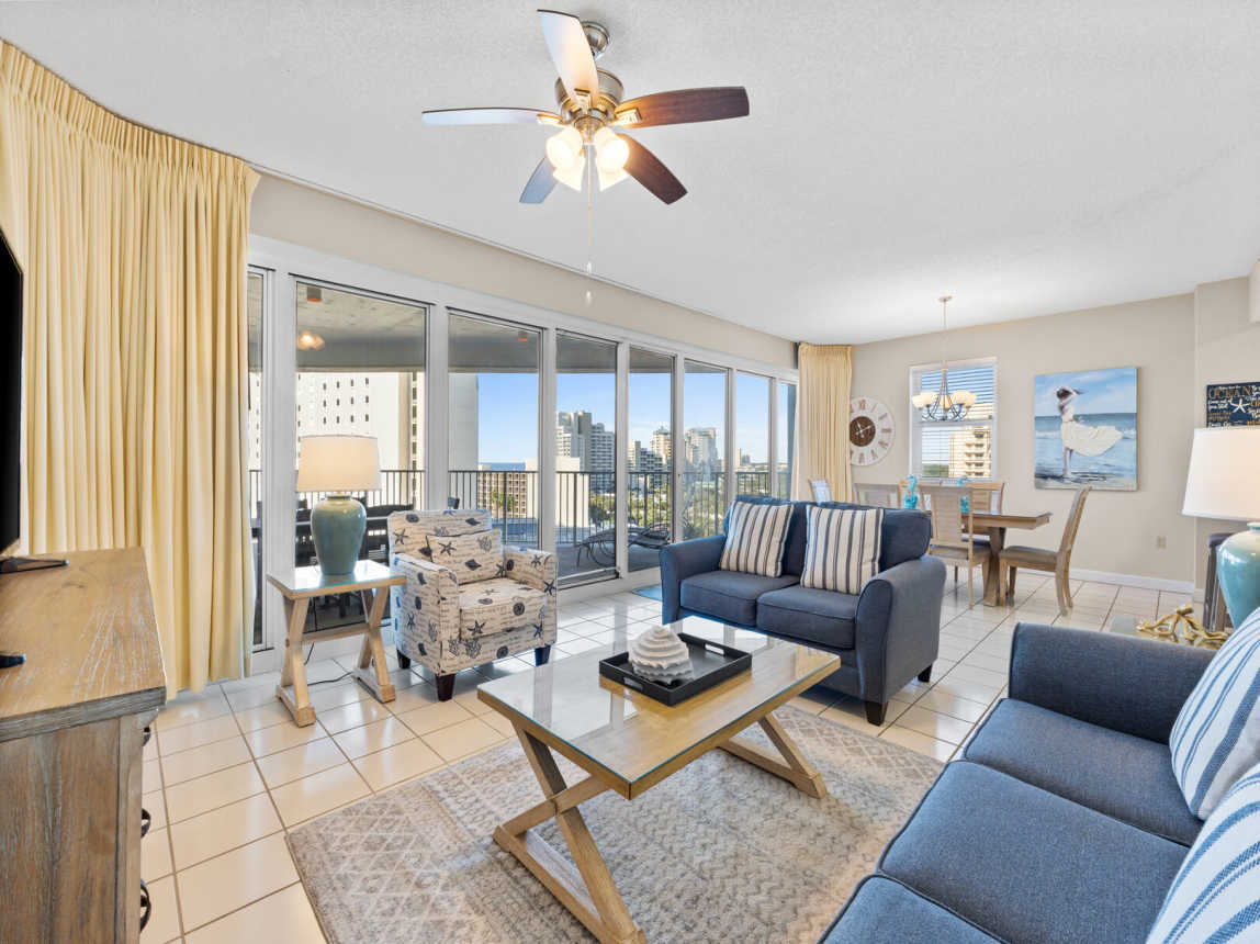 Lounge in the roomy and beautiful coastal furnished living room as you look out over the waters of the gulf.