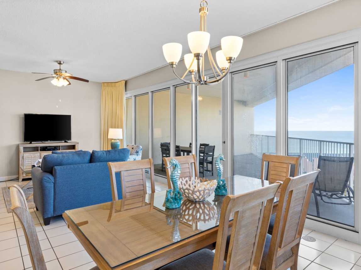 View of Dining room and living room and of course the oversized 8th floor balcony. What a view!