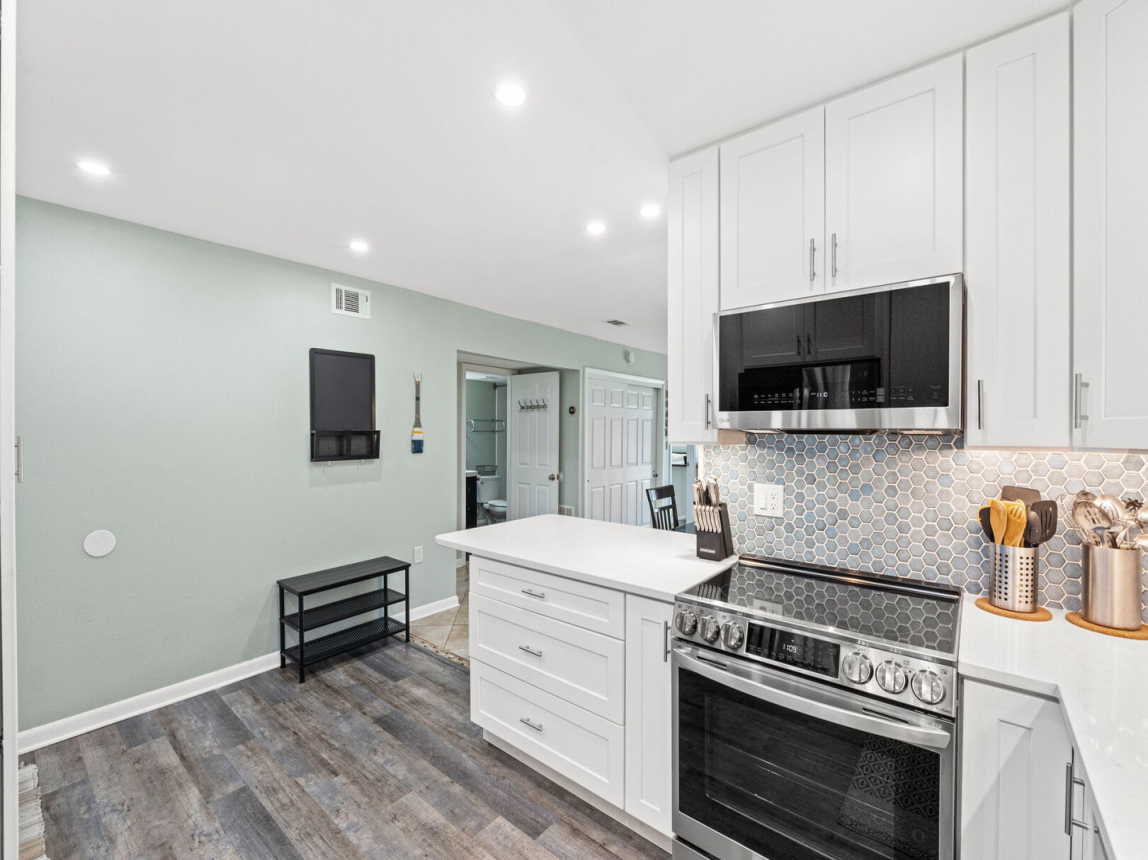 A close up of the fully remodeled kitchen. Fresh and clean lines of decor.
