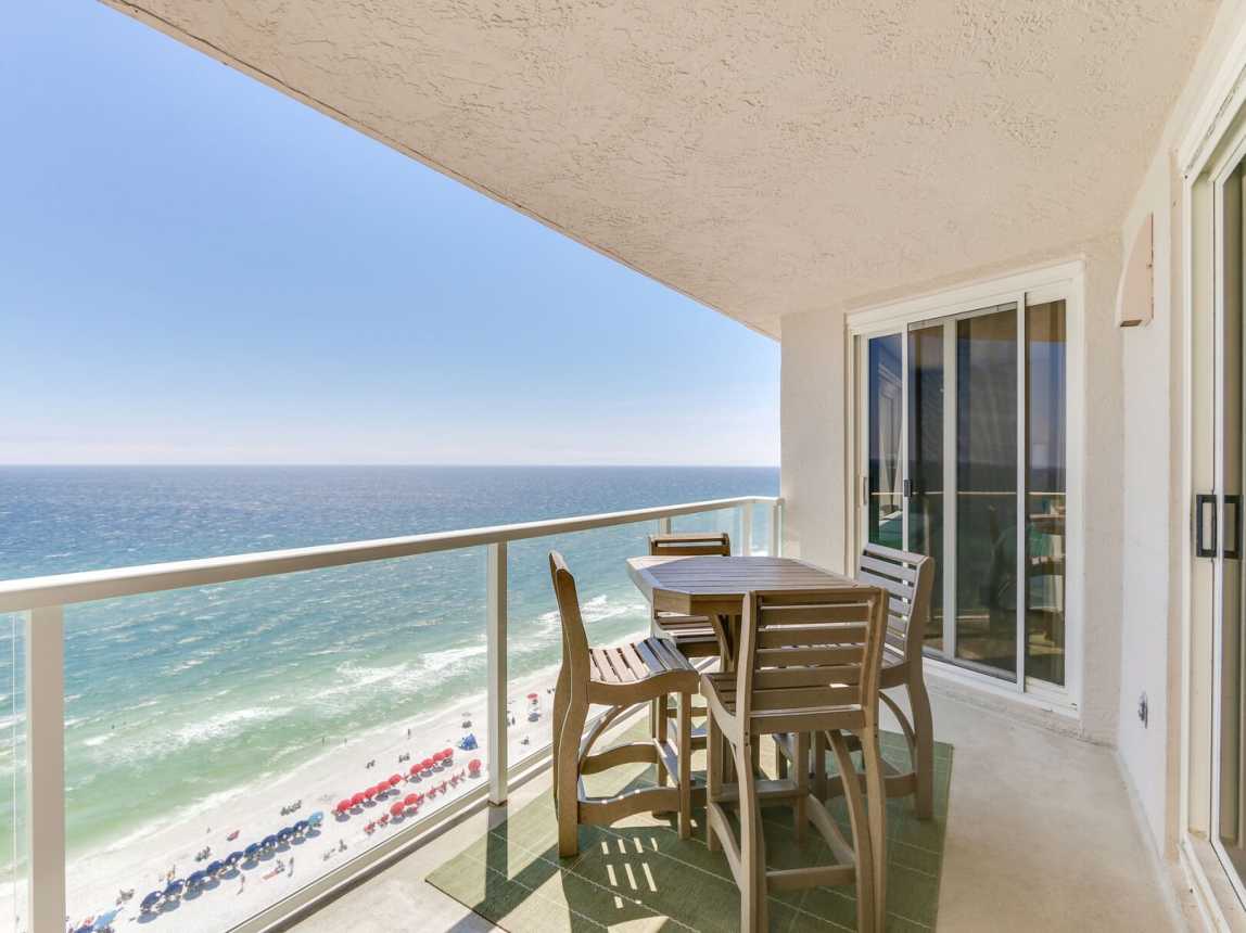 Balcony with high top table and chairs so you can get the full view of the waters and sunsets.