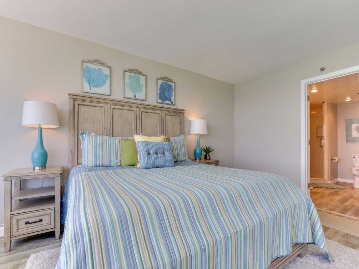 The master bedroom boasts the comfiest King size bed with fresh crisp linens. Bathroom just steps away.
