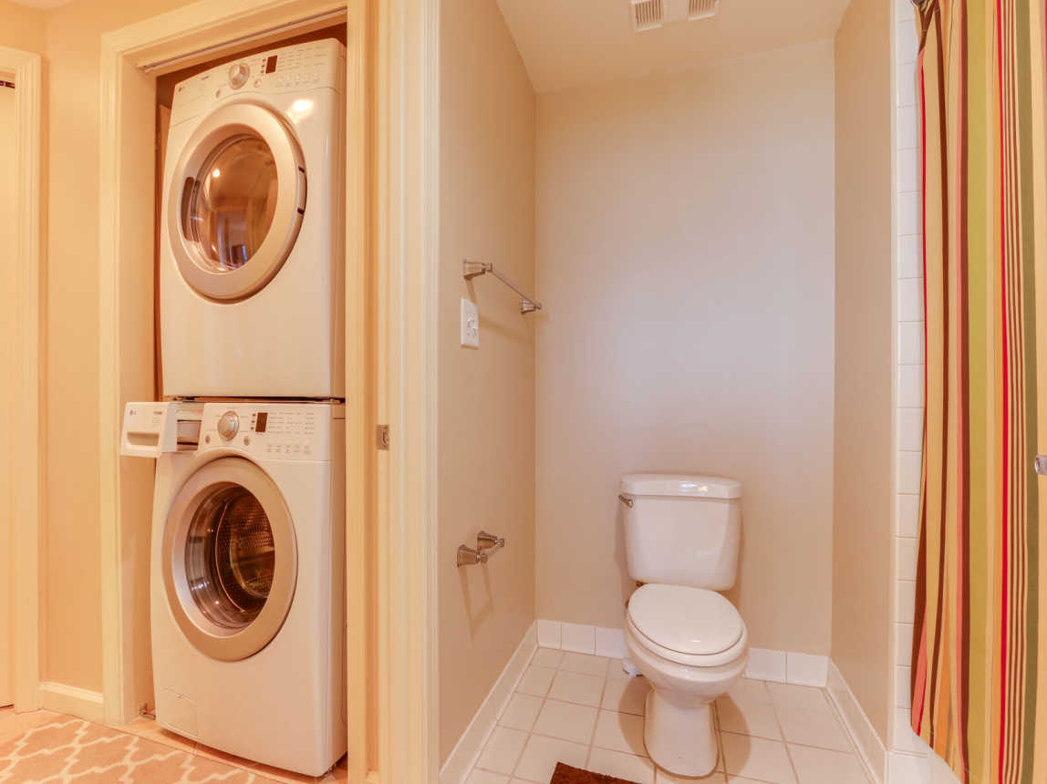 Guest bath shower/tub combo on right of toilet. Full size washer and dryer for your convenience with a small bottle of Tide.