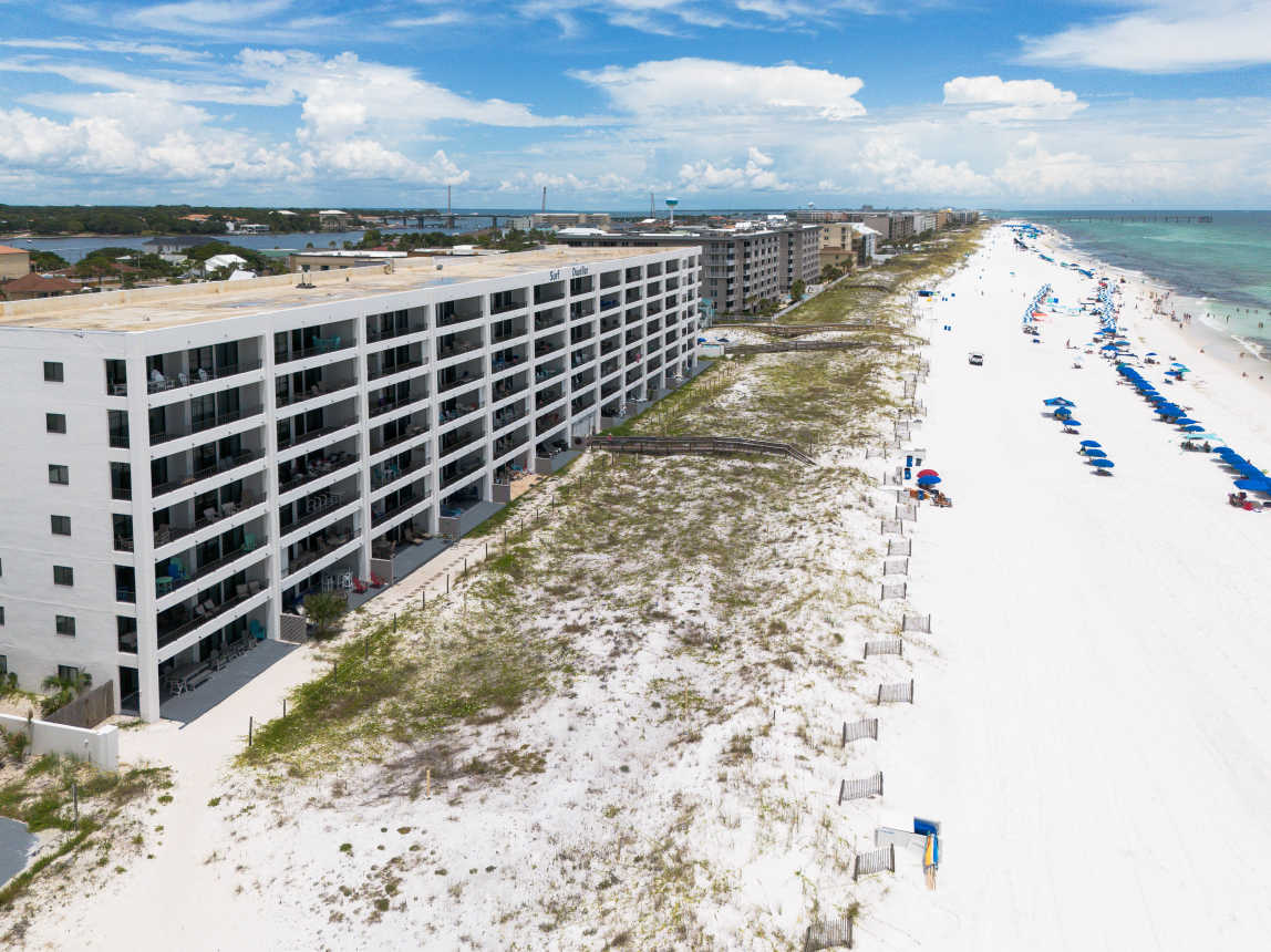 Aerial view of Surf Dweller from the beach
