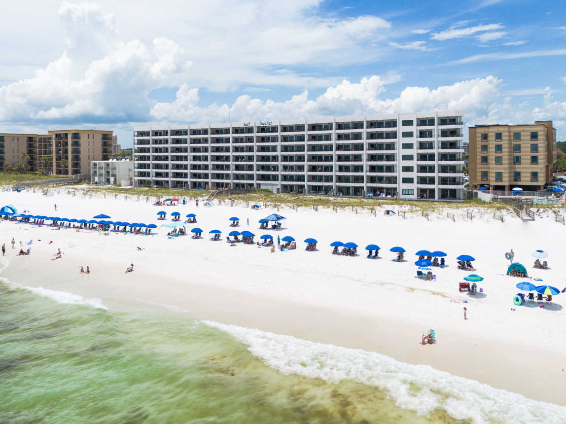Aerial view of Surf Dweller from the beach
