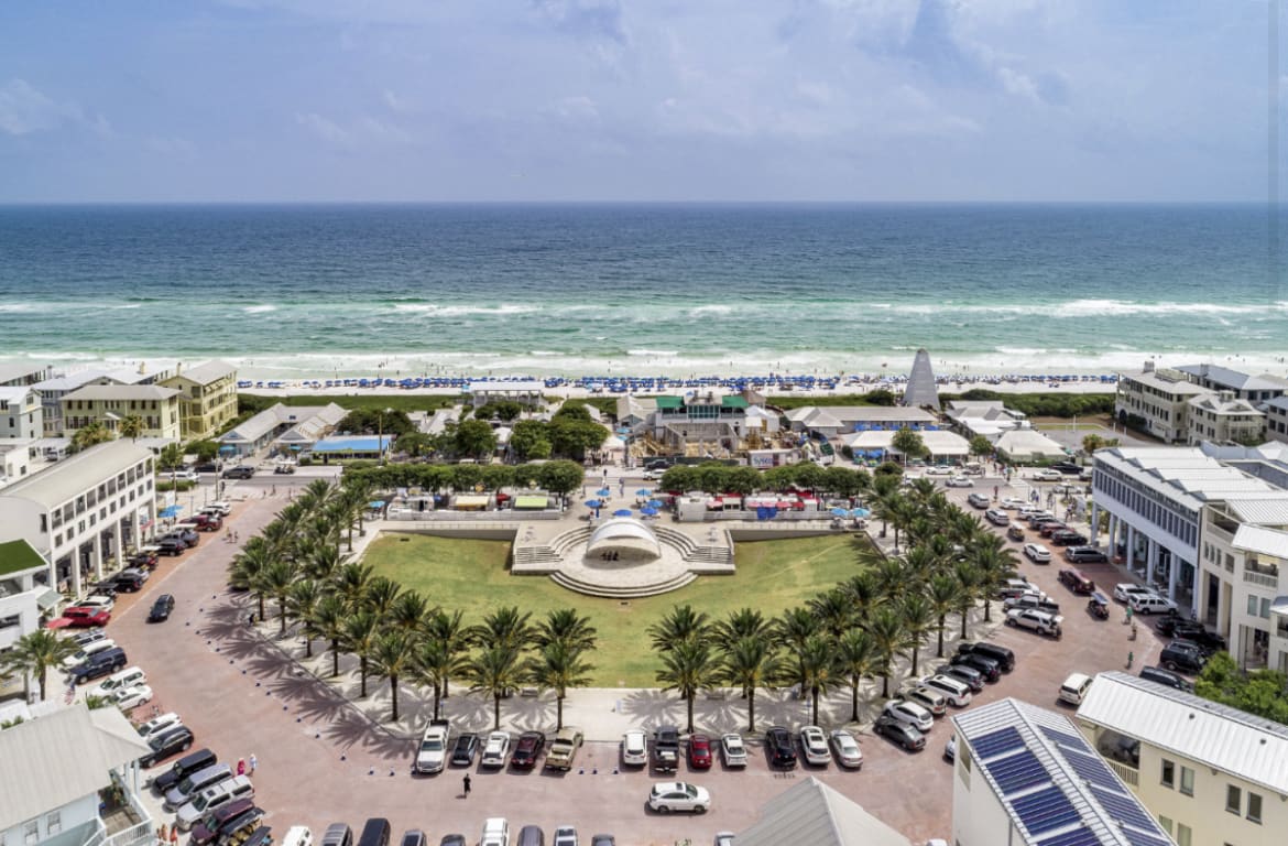 Drive the golfcart down to Seaside with free parking at the front of the square