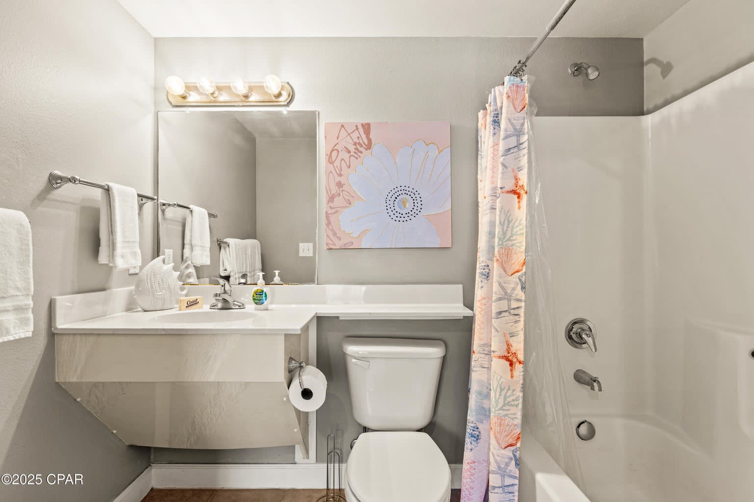 Guest bathroom with tub/shower combo. Fully equipped. 