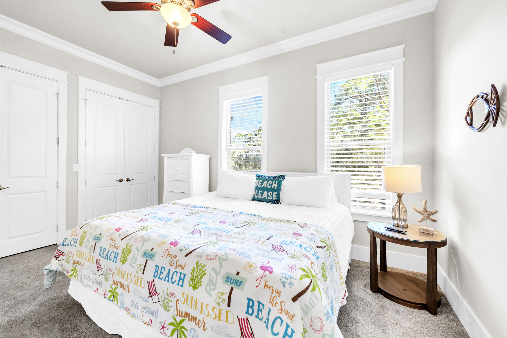 Second floor king bedroom with lots of closet space and smart TV.