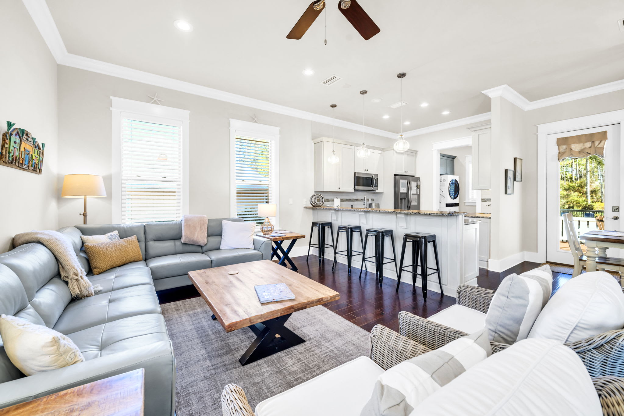 Living room with kitchen bar.