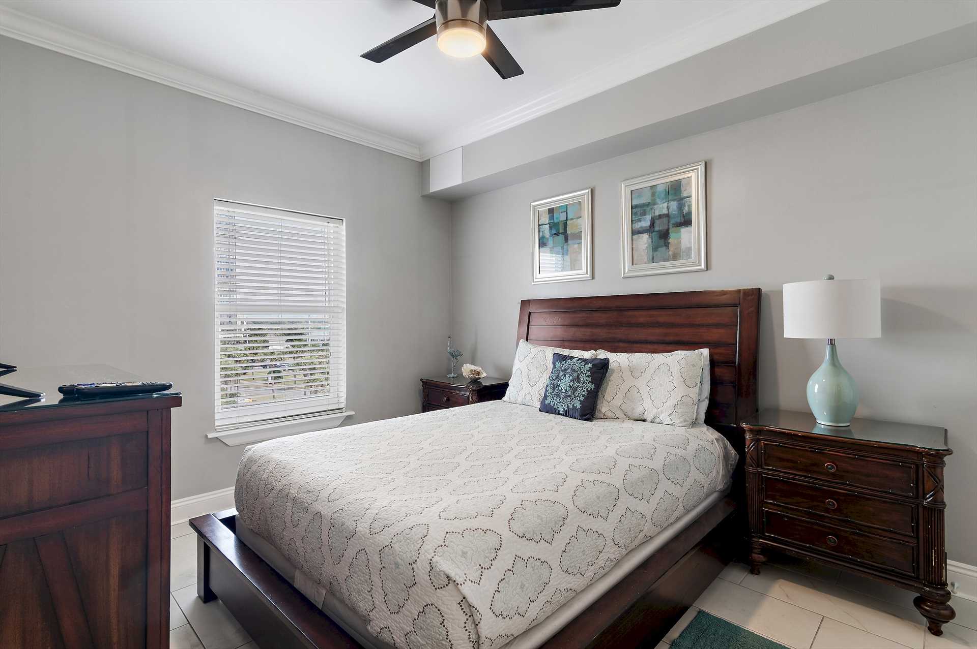 All bedrooms have TVs, storage, and ceiling fans for comfort