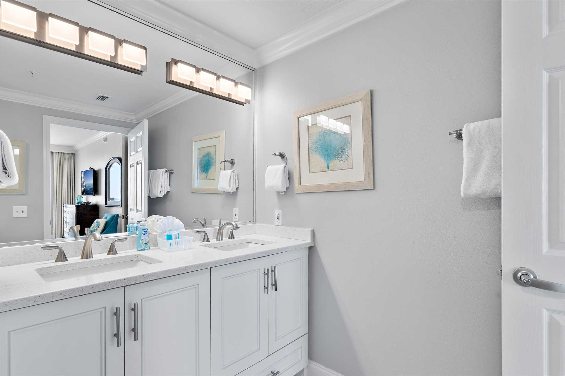 Fresh towels, full-size vanities, and relaxing showers