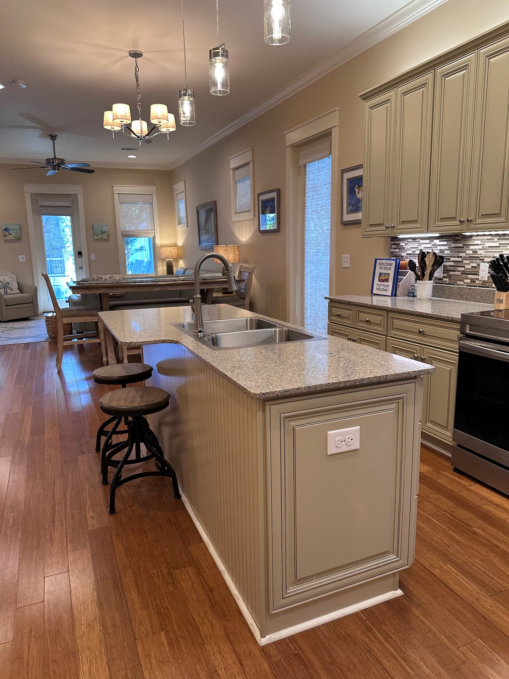 Kitchen Island, looking towards the front of the house, provides seating for 2.