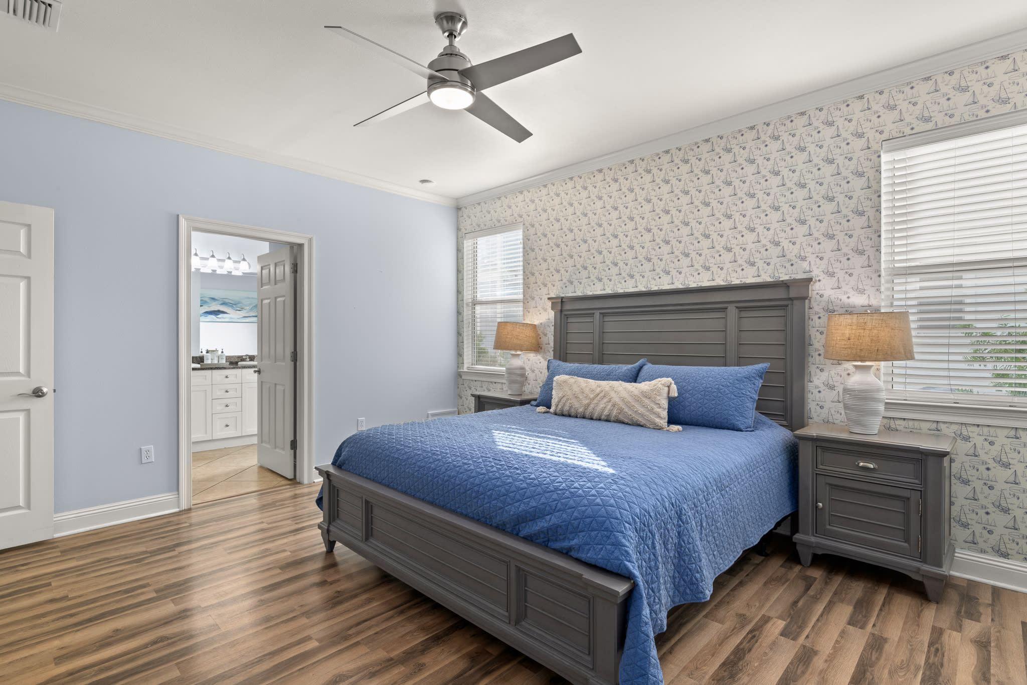 Large first floor master bedroom with king bed, ensuite full bath and smart TV