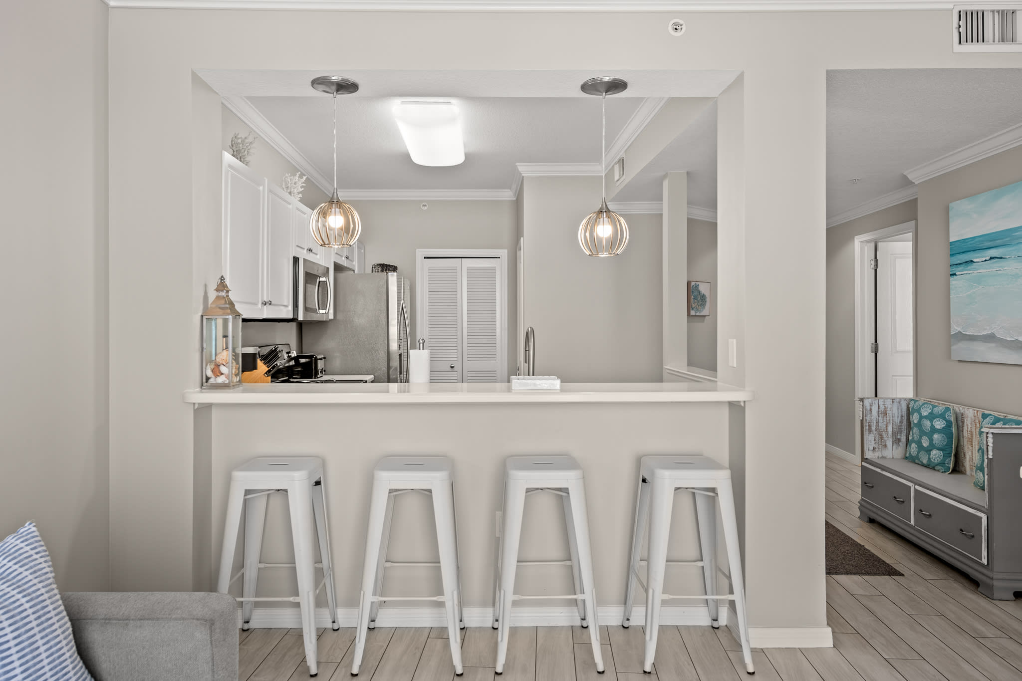 Bar seating set up for casual meals or morning coffee chats.