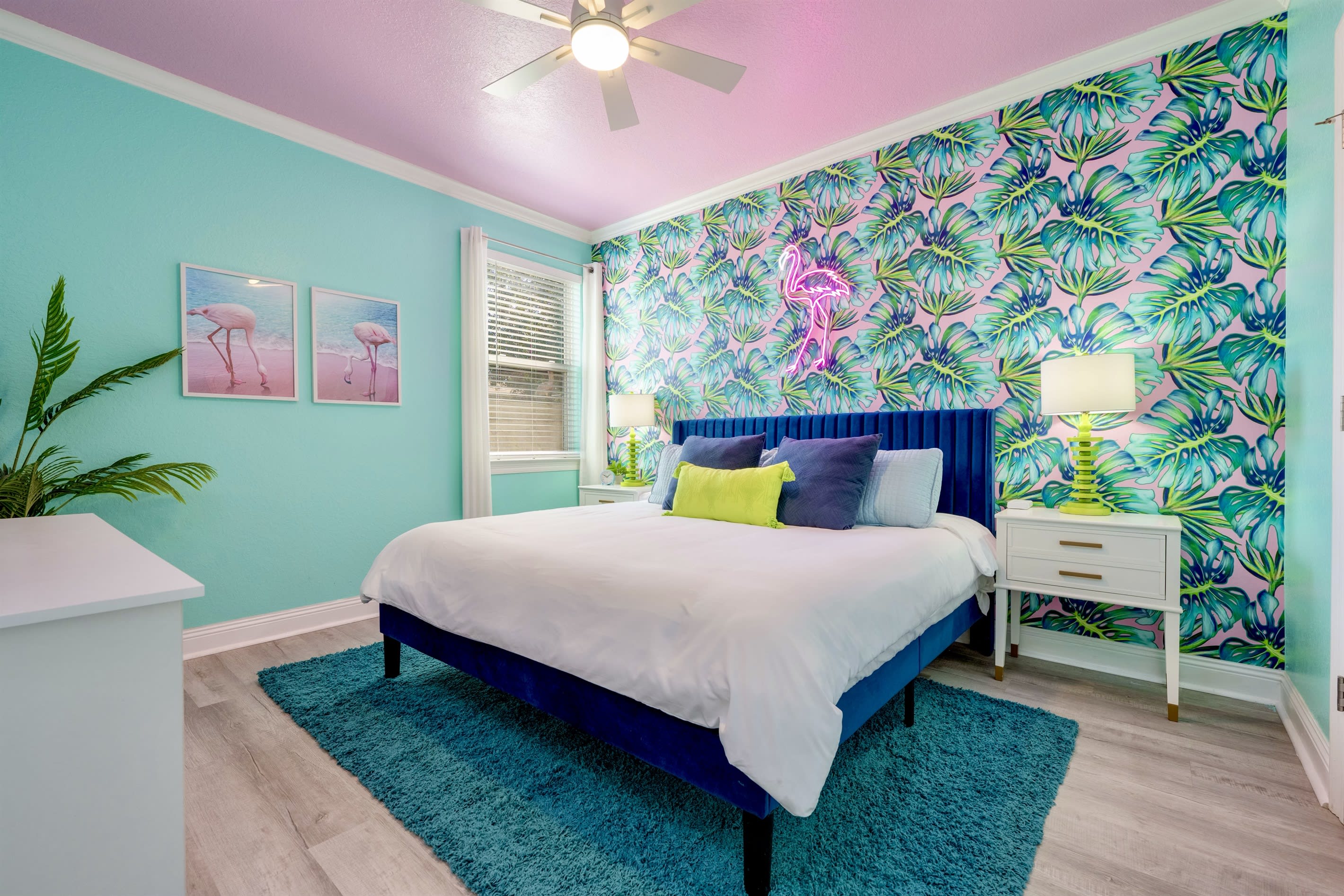 downstairs flamingo themed room