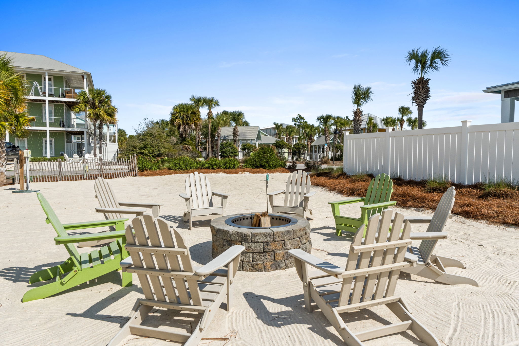 Wind down by the fire pit after a fun day at the beach