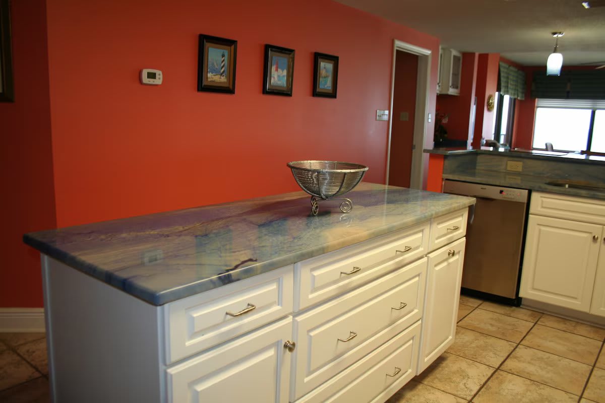 island in kitchen with countertops imported from Italy