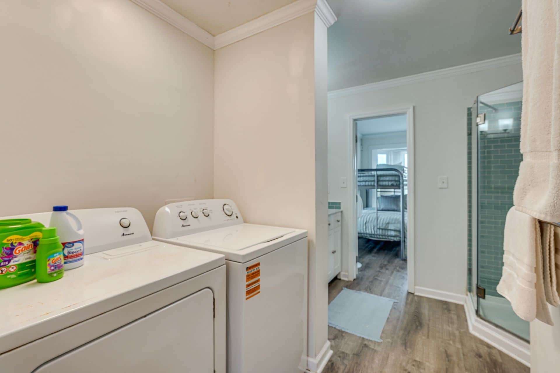 Washroom conviently located near bunkroom.