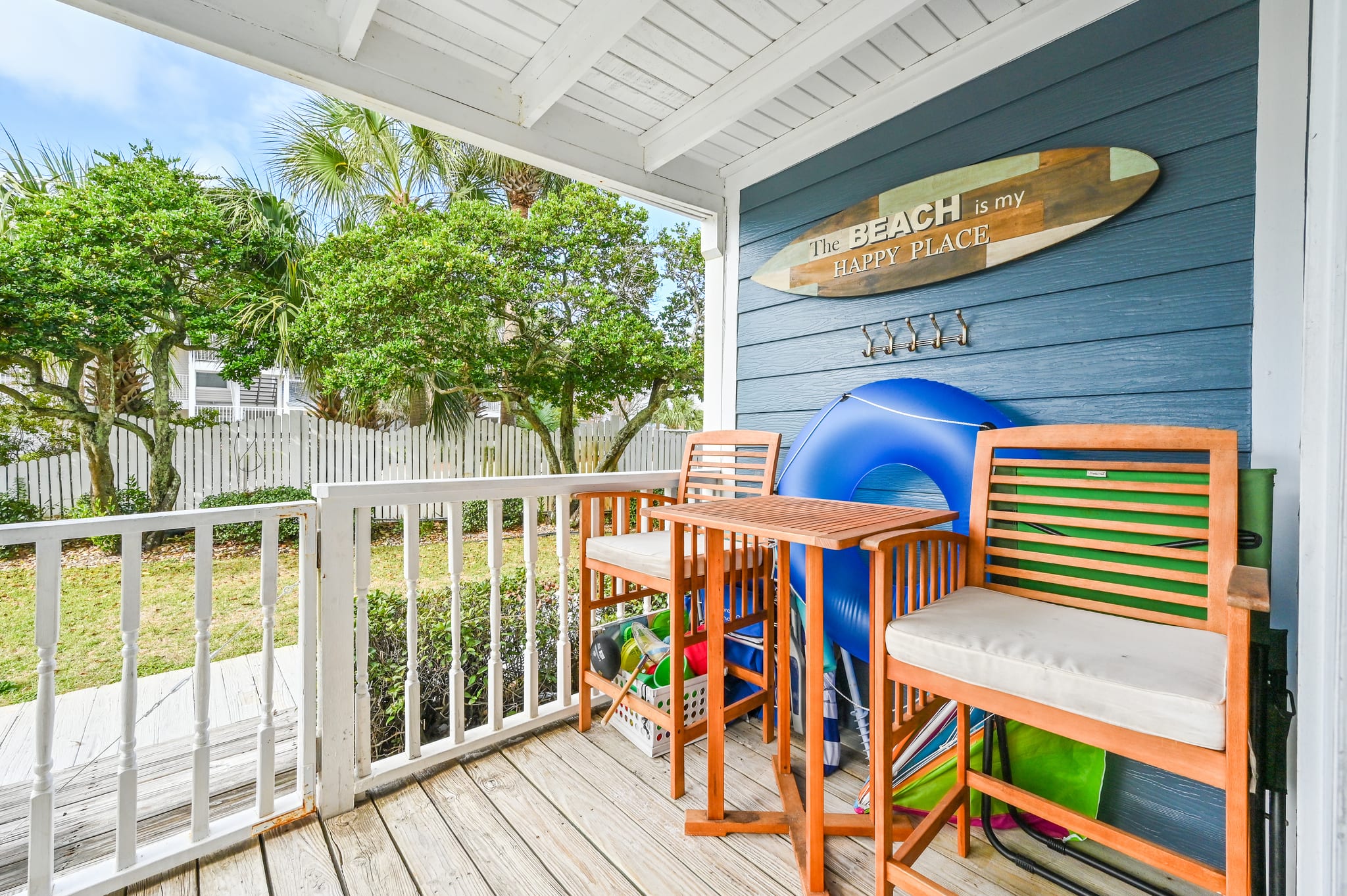 This bistro table and chairs provide the perfect spot to relax, take in the  peak-a-boo views of the Gulf. Use the Beach/pool toys for your enjoyment. Perfect for a romantic evening or relaxing afternoon, this setup is sure to create lasting memories.