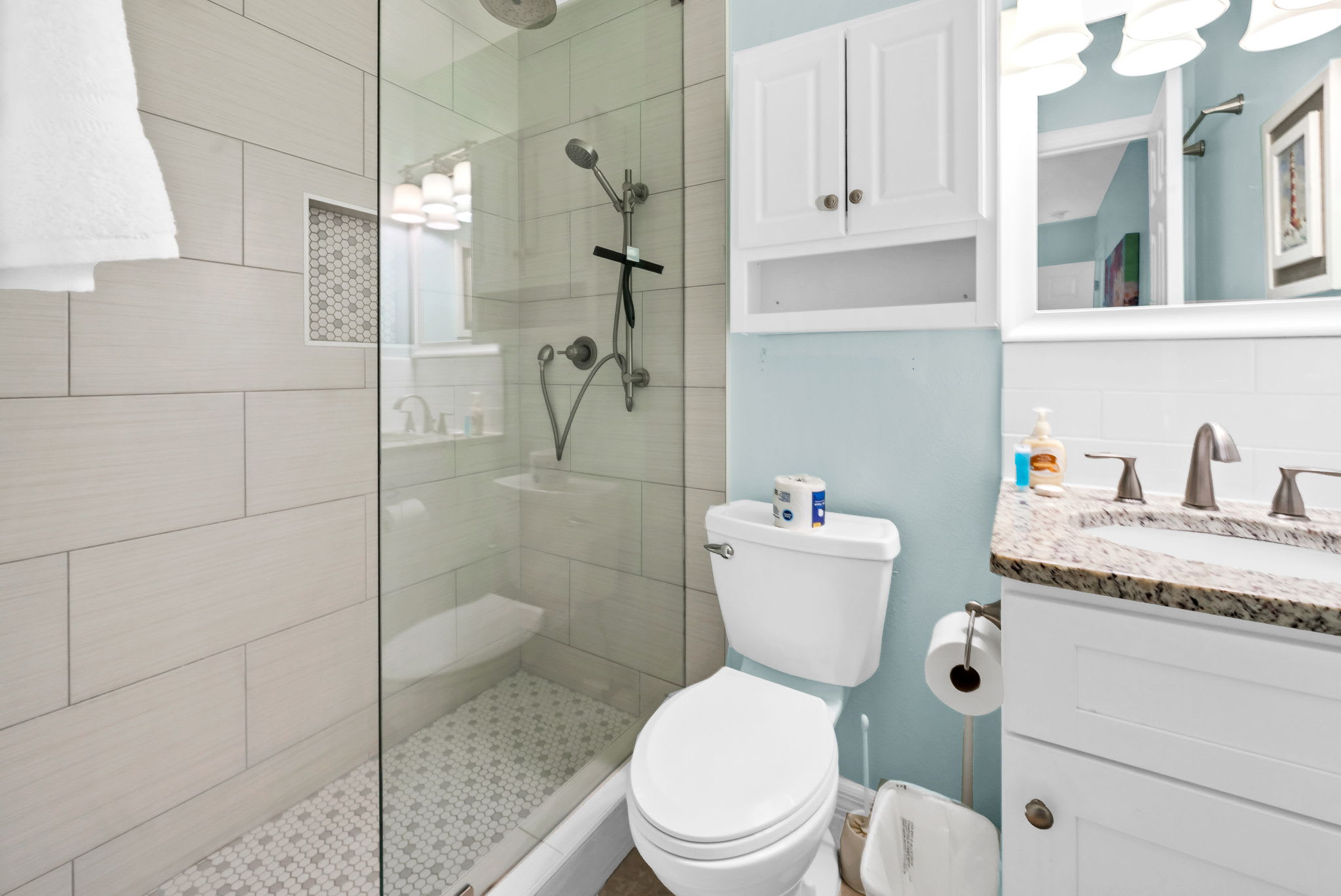 Newly remodeled private master bath with step in shower