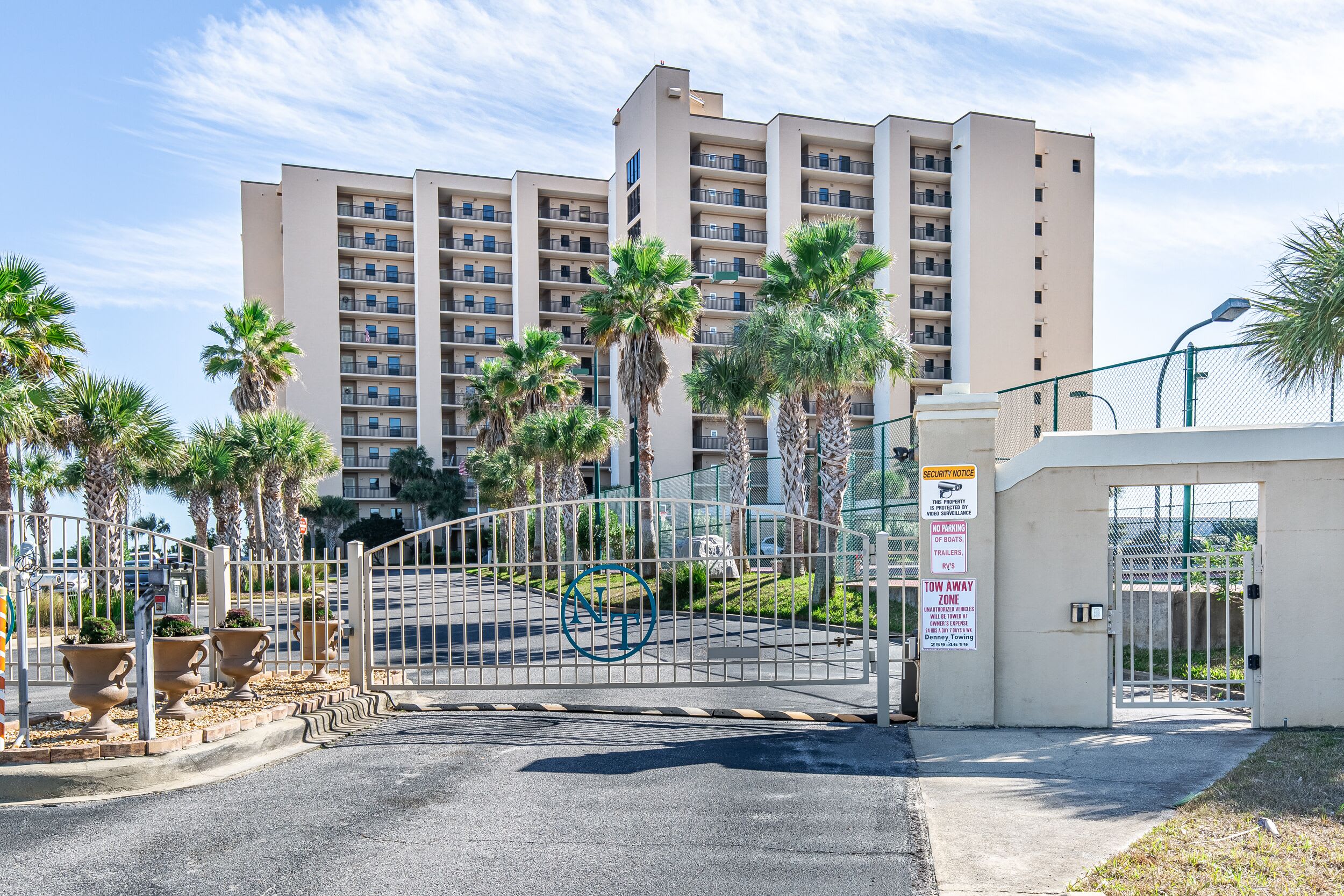Gated entrance to Navarre Towers for security