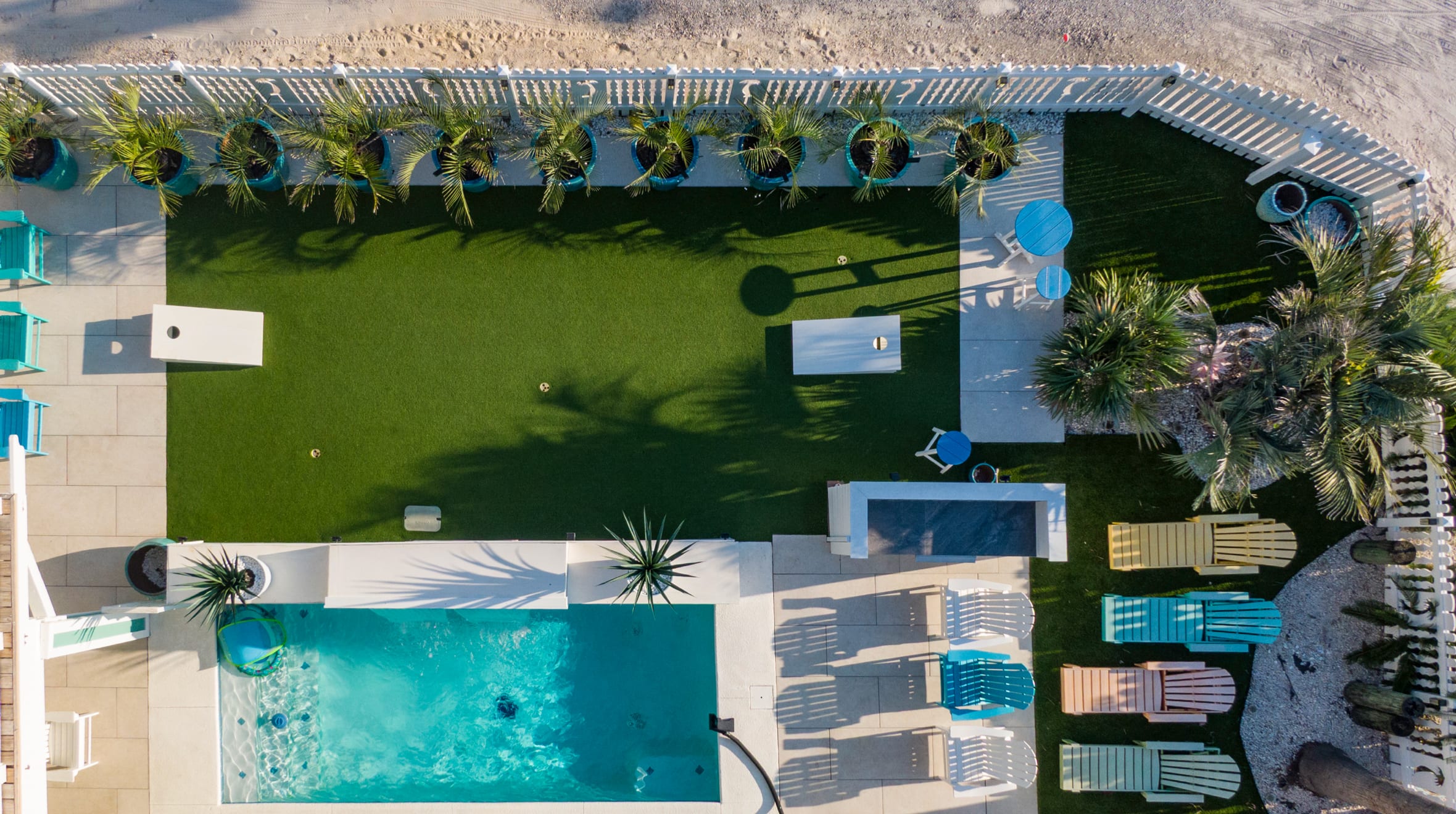 Ariel of the putting and cornhole green. Also our private pool.