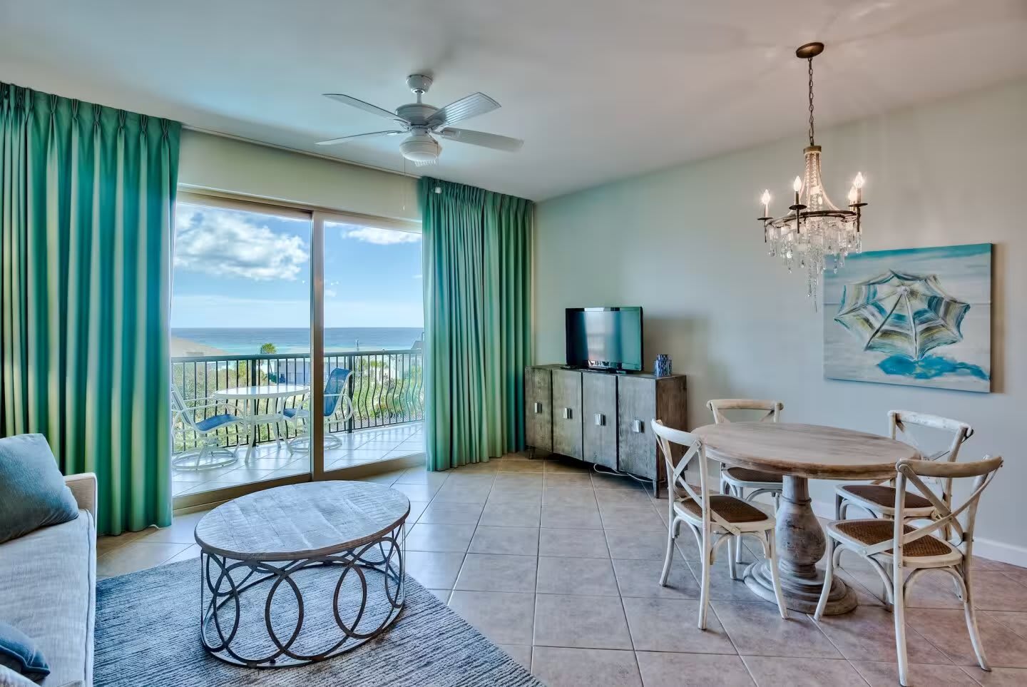 Family room with black out curtains. Freshly updated