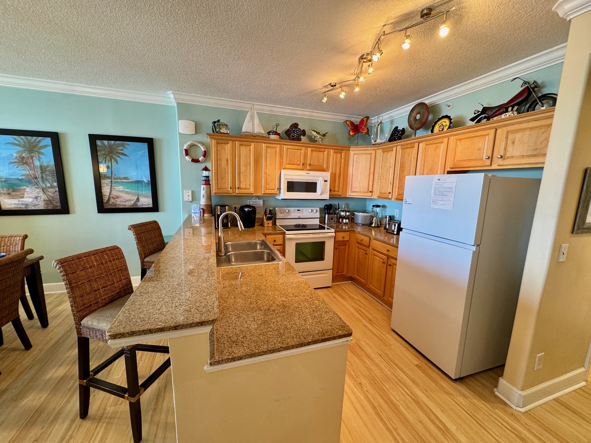 Your kitchen is completely outfitted with most everything one could want.