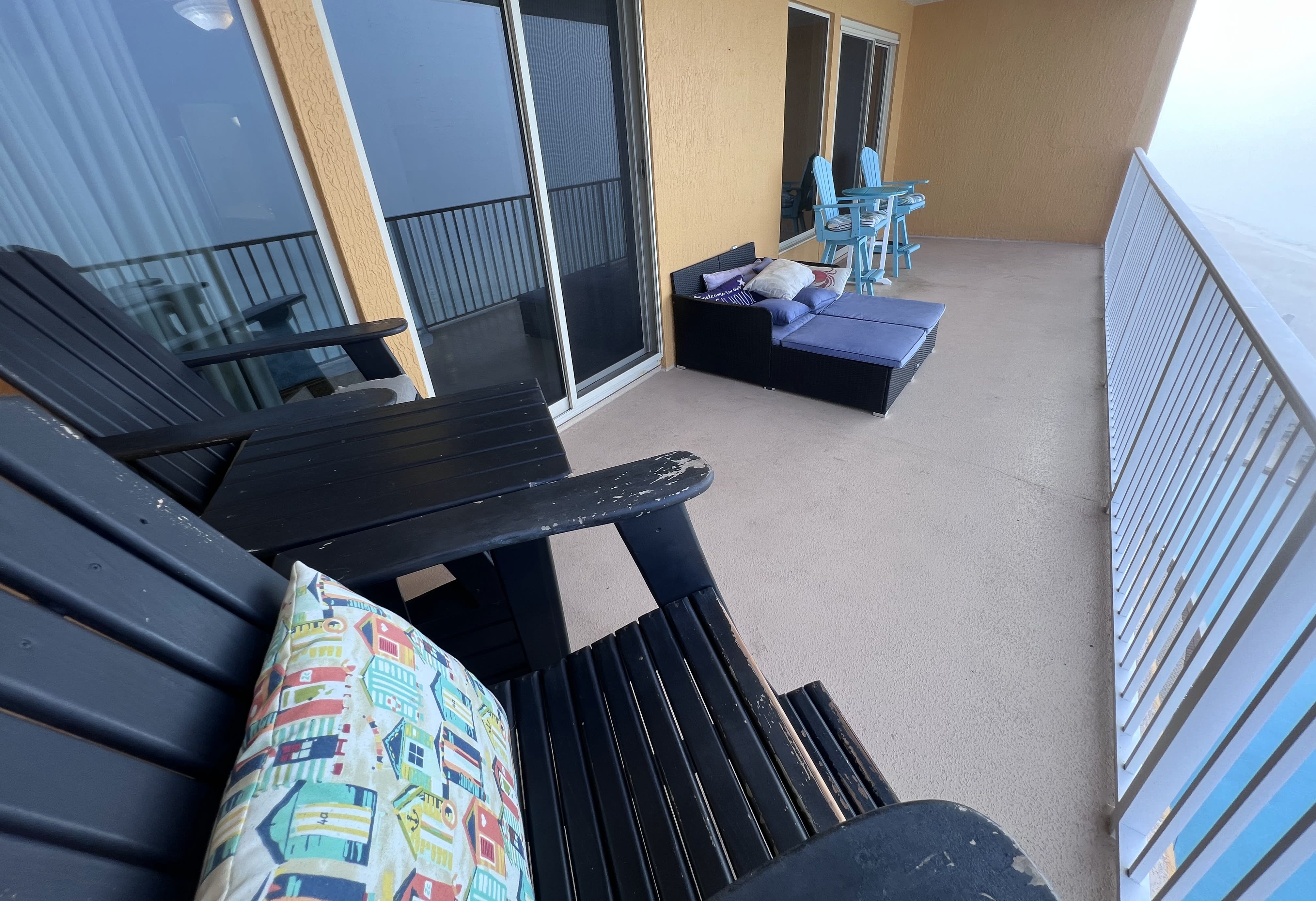 Bar-height Beach Captain Chairs &amp; Tables on our large beach balcony view of Gulf