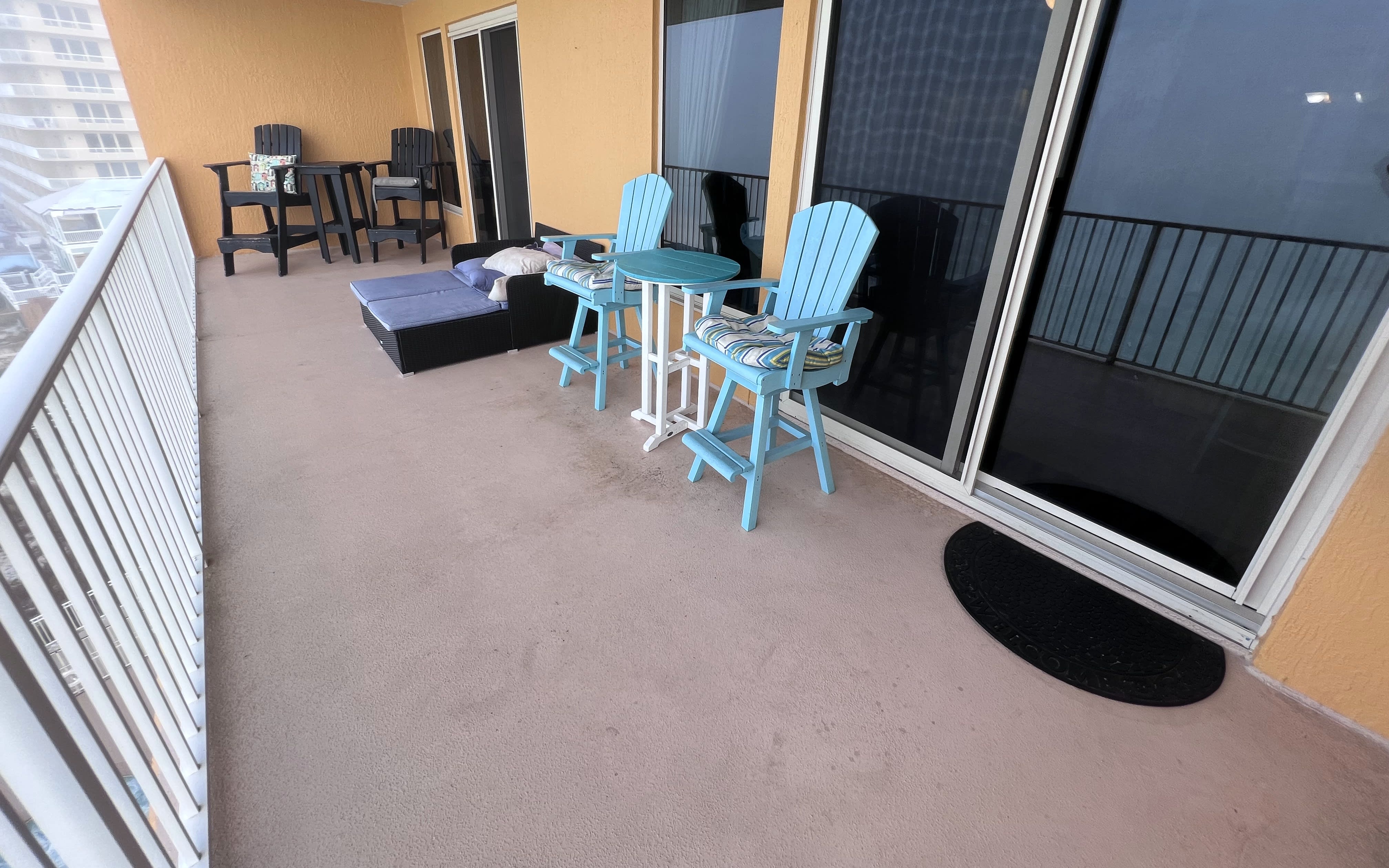 Bar-height Beach Captain Chairs &amp; Tables on our large beach balcony view of Gulf