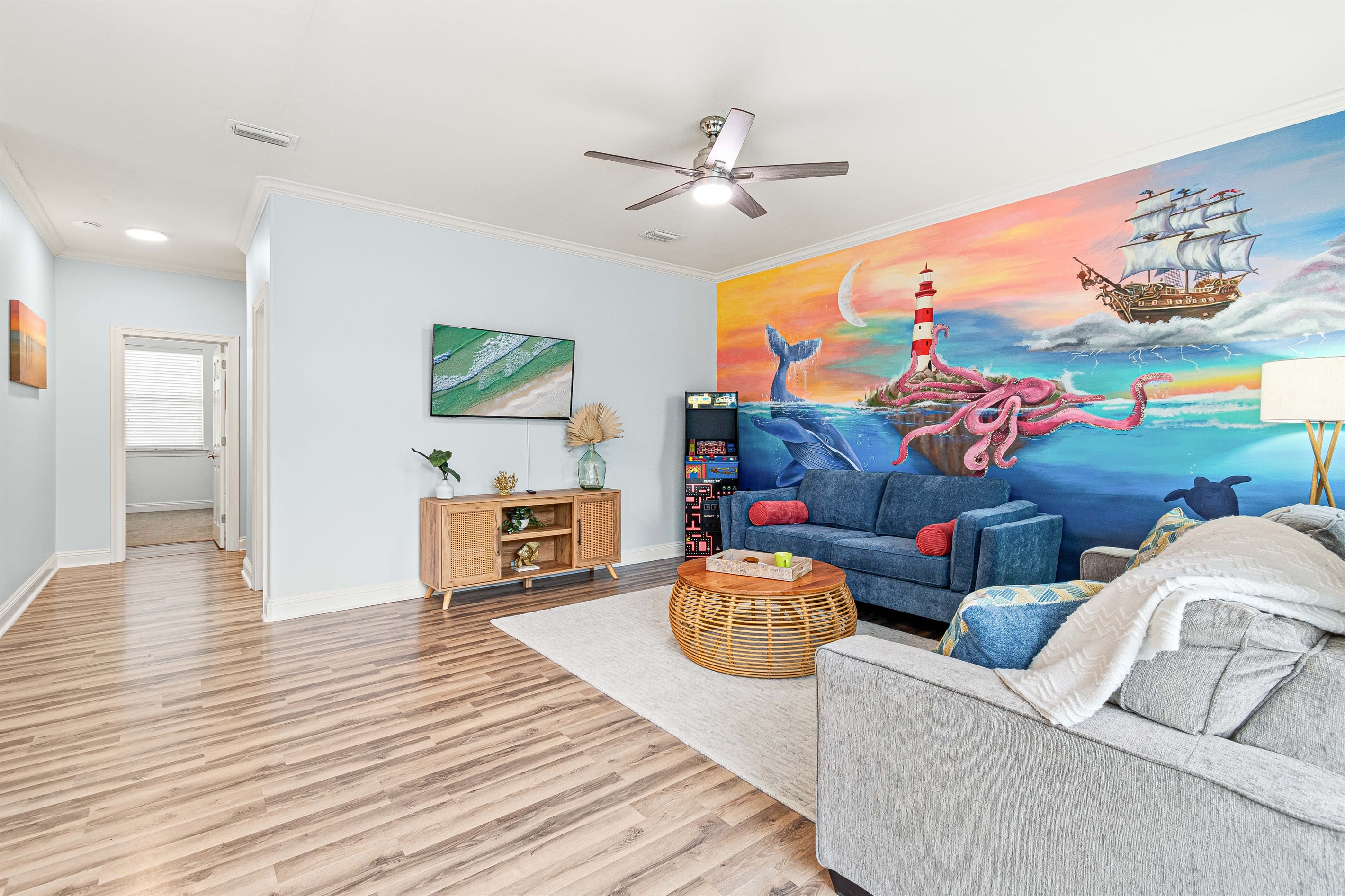 2nd floor with 2 king bedrooms, fun living room, full bath and deck