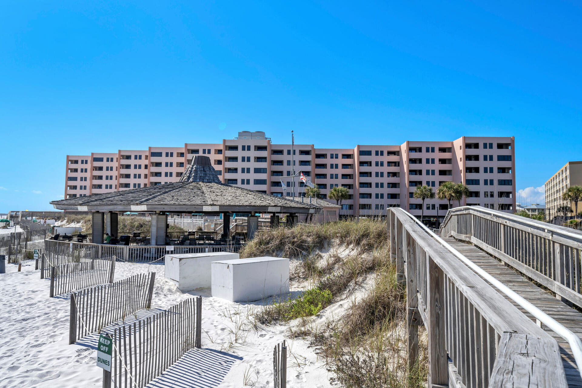 Wide view of the beachfront resort lined along the coast.