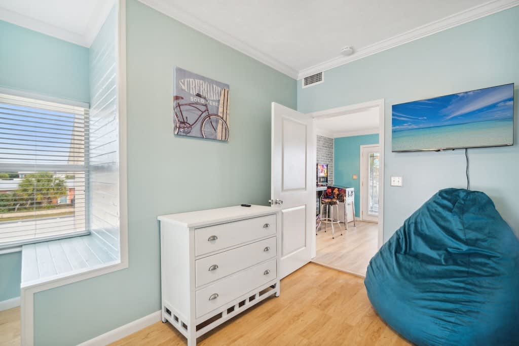 A third bedroom on the 2nd level of the home includes a bunk bed with a twin over full. There is also a twin pull out trundle.