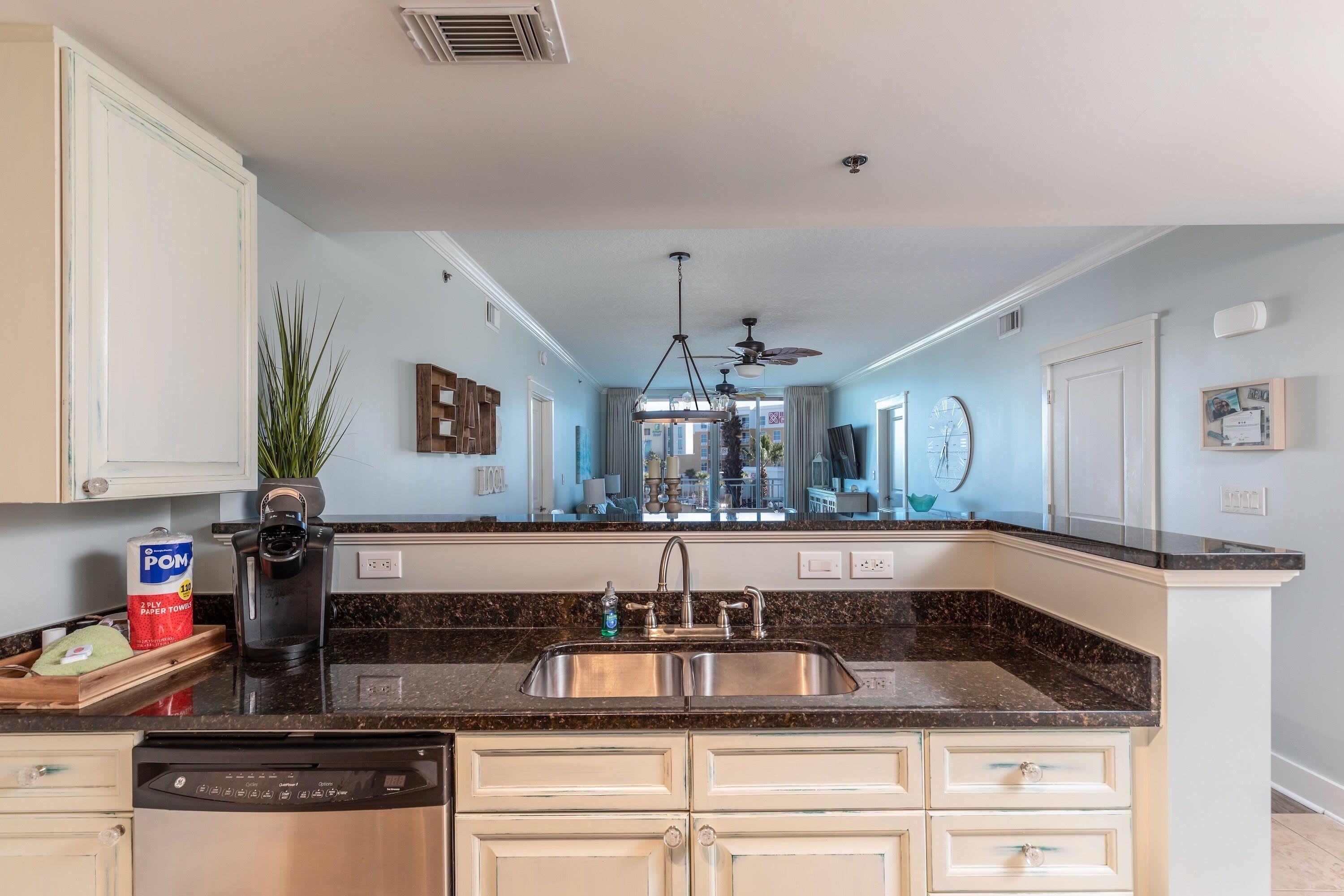 One new paper towel roll and a starter set of coffee K-cups await your arrival. One new paper towel roll and a starter set of coffee K-cups await your arrival.