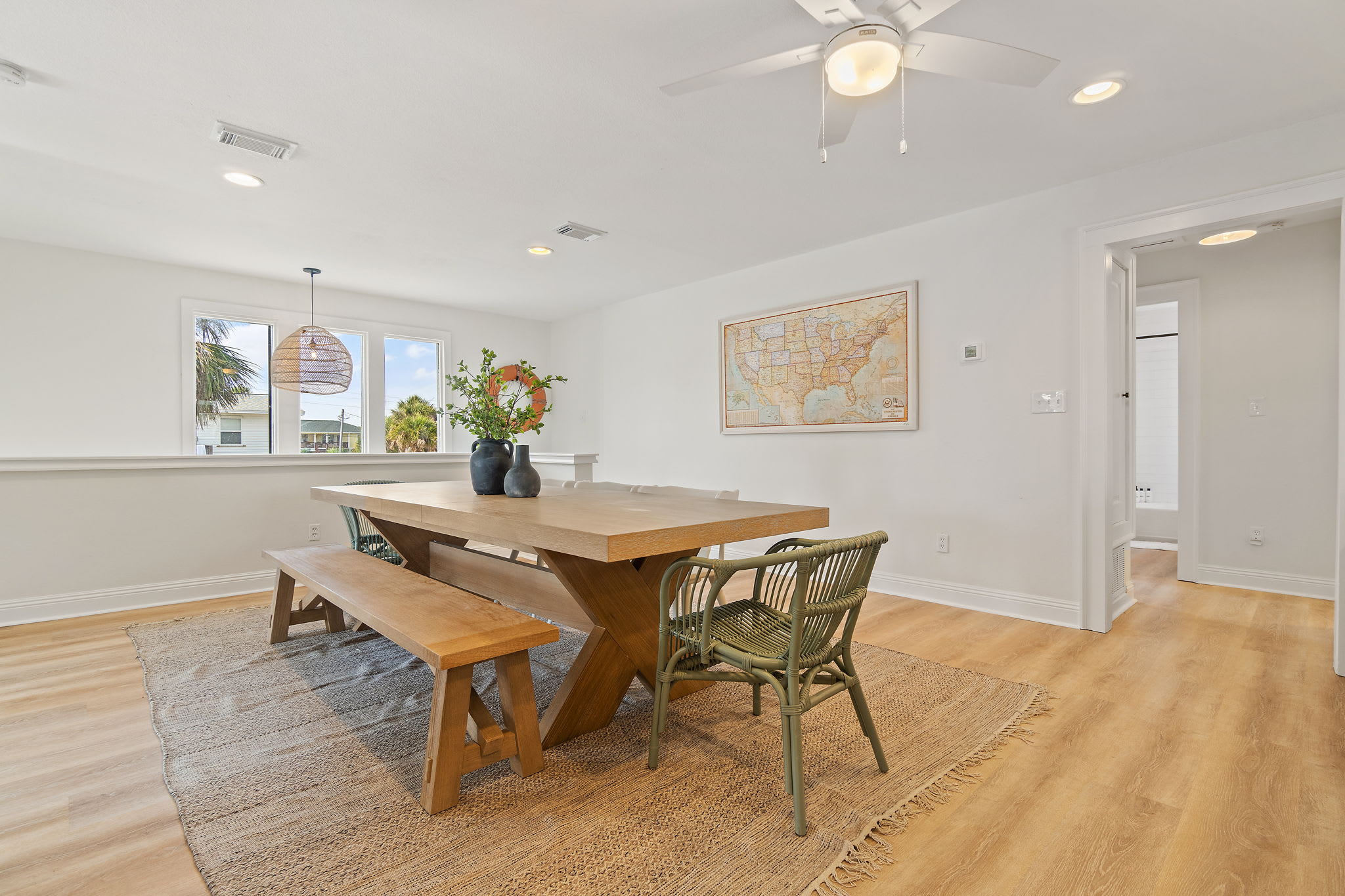 Indoor dining can seat up to 10, with additional dining outdoors just off the kitchen